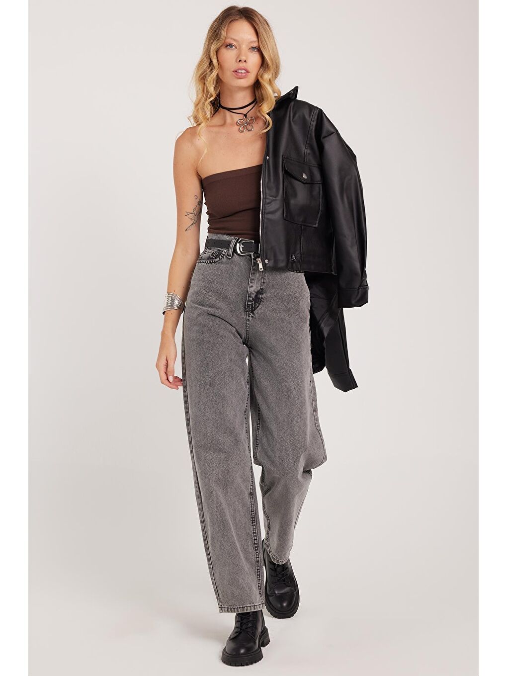 Kadın Regular Fit Klasik Kesim Baggy Pamuklu Geniş Paça Antrasit Jean Pantolon-1