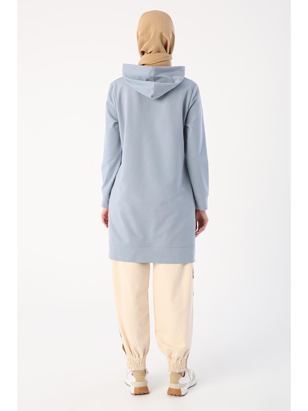 Açık Gri Yırtmaçlı Kapüşonlu Basic Sweat Tunik-3
