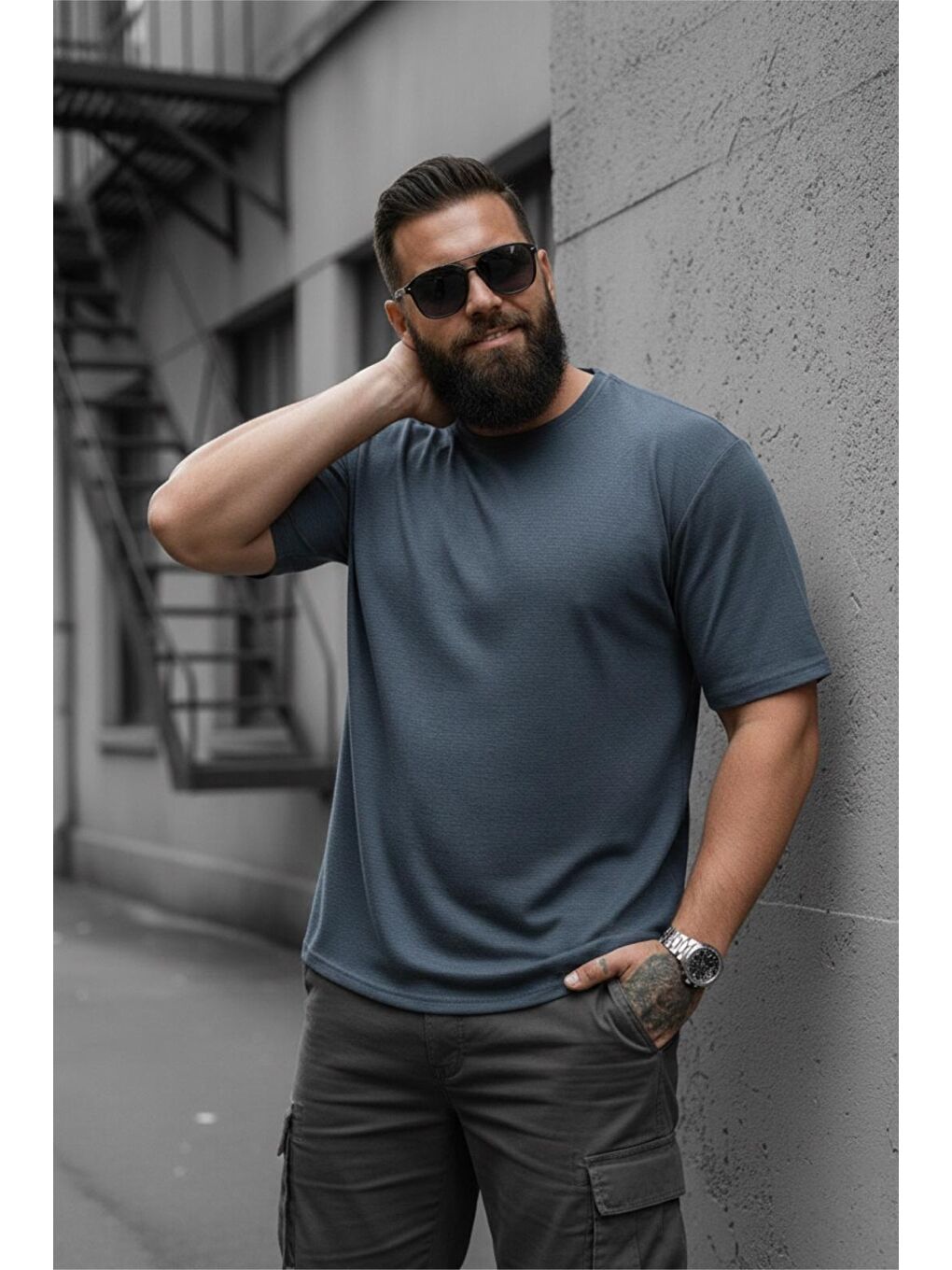 Petrol Kabuk Desen Elastanlı Erkek Büyük Beden Gofre (Kabartma) Dokulu T-Shirt