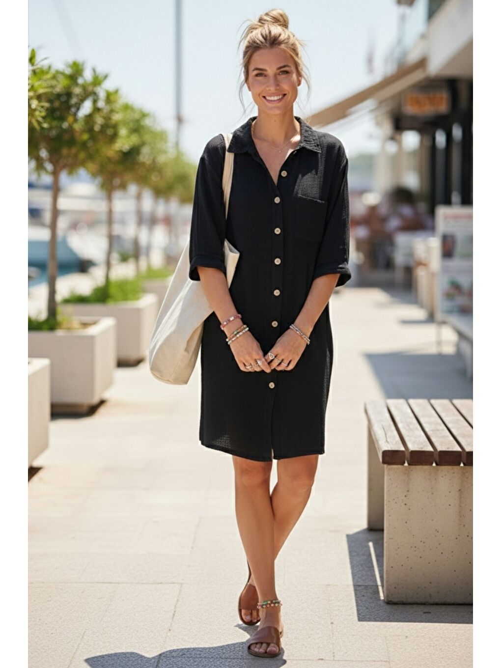 Siyah Gömlek Yaka Kısa Kol Düğmeli Çift Cepli Casual Müslin Salaş Dokuma Elbise 95 65-5