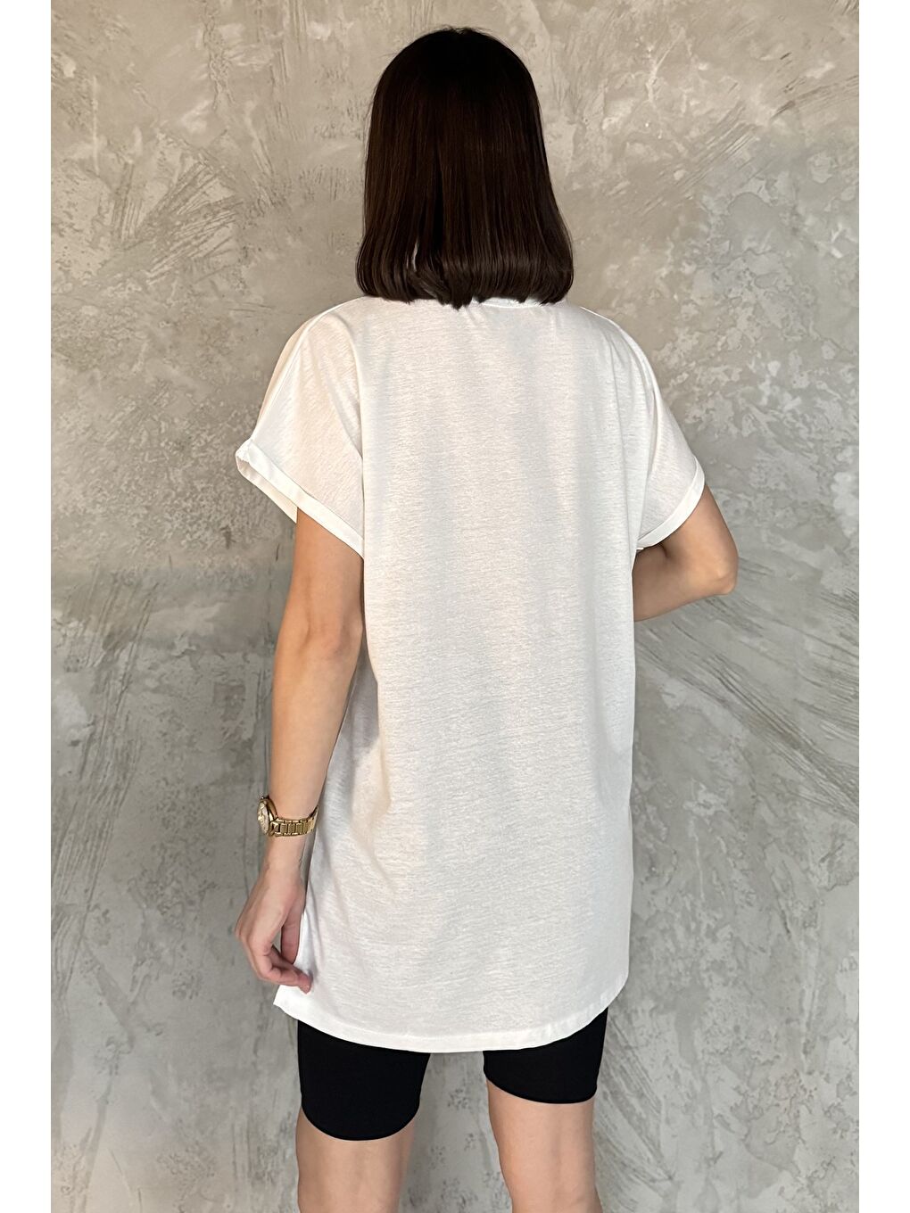 Beyaz Kol Katlamalı Bisiklet Yaka Kadın Uzun Tişört (m-l-xl Uyumludur)-2