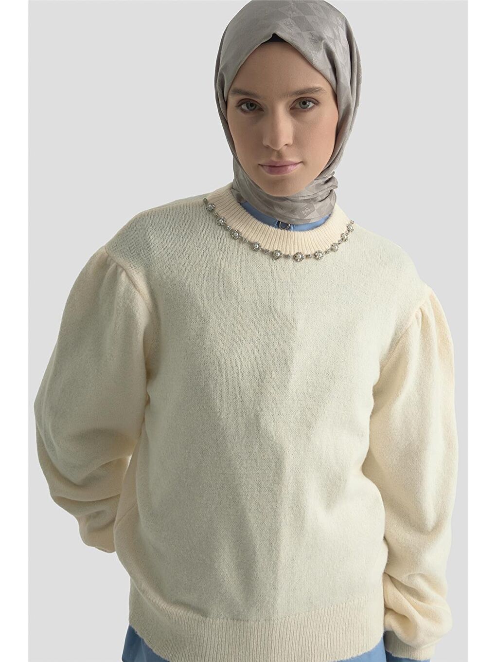 Yakası İnci Detaylı Kazak 25Kd6008 Ekru-3