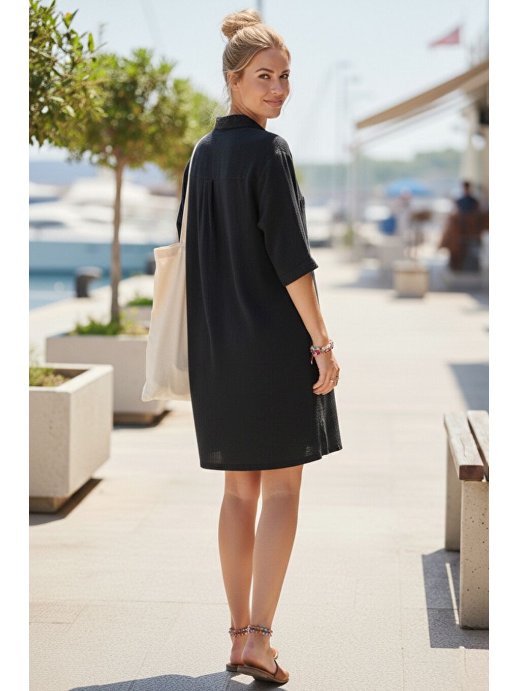 Siyah Gömlek Yaka Kısa Kol Düğmeli Çift Cepli Casual Müslin Salaş Dokuma Elbise 95 65-6