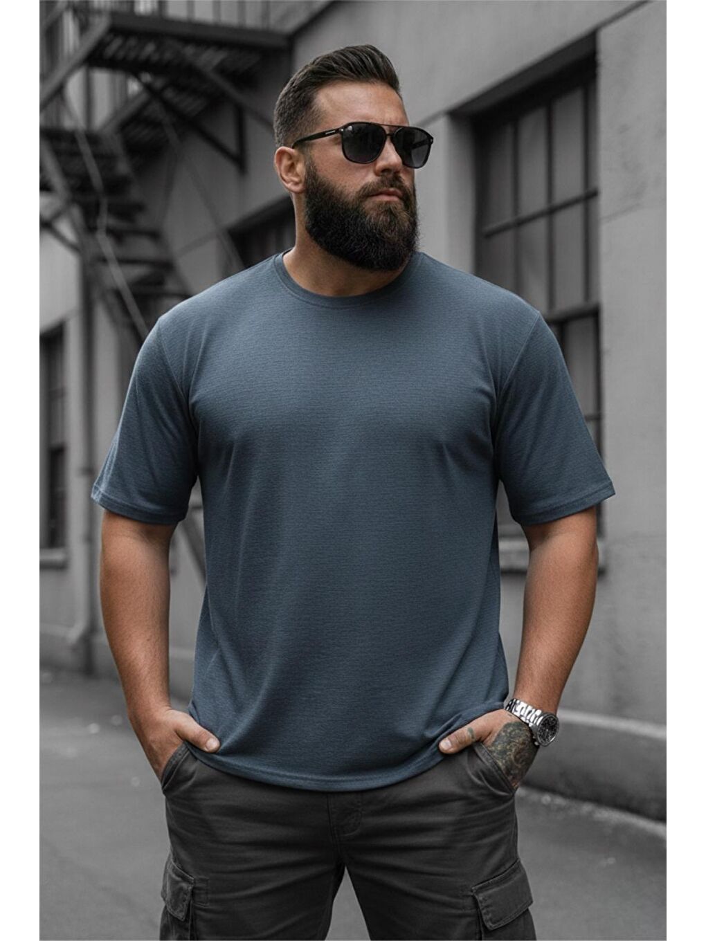 Petrol Kabuk Desen Elastanlı Erkek Büyük Beden Gofre (Kabartma) Dokulu T-Shirt-1