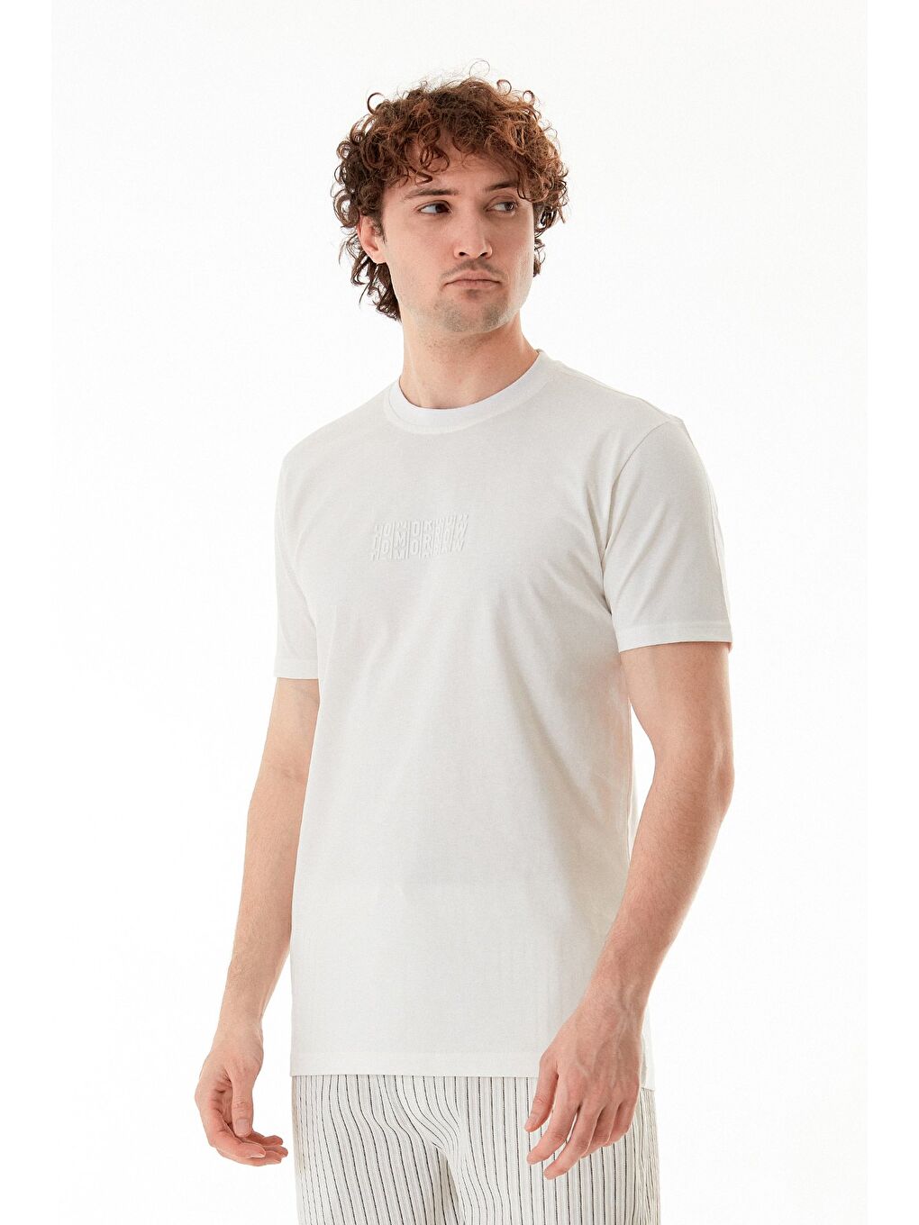 Beyaz Tomorrow Baskılı Bisiklet Yaka Tişört-2