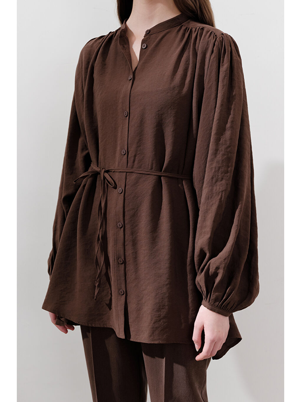 Lyocell Büzgülü Tunik Kahverengi-1