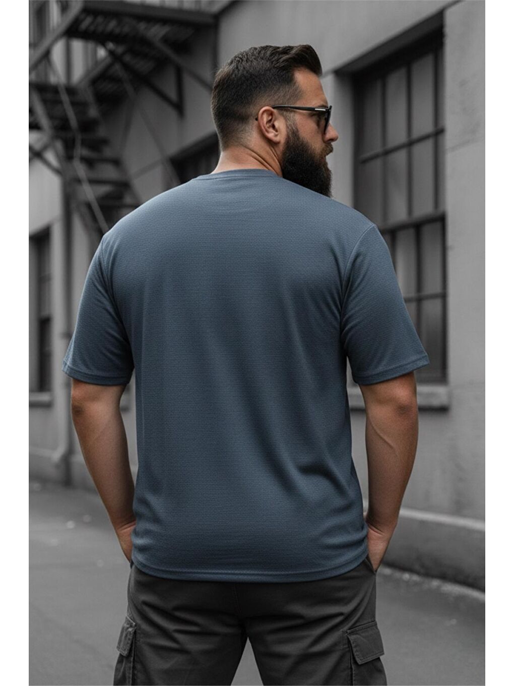 Petrol Kabuk Desen Elastanlı Erkek Büyük Beden Gofre (Kabartma) Dokulu T-Shirt-2