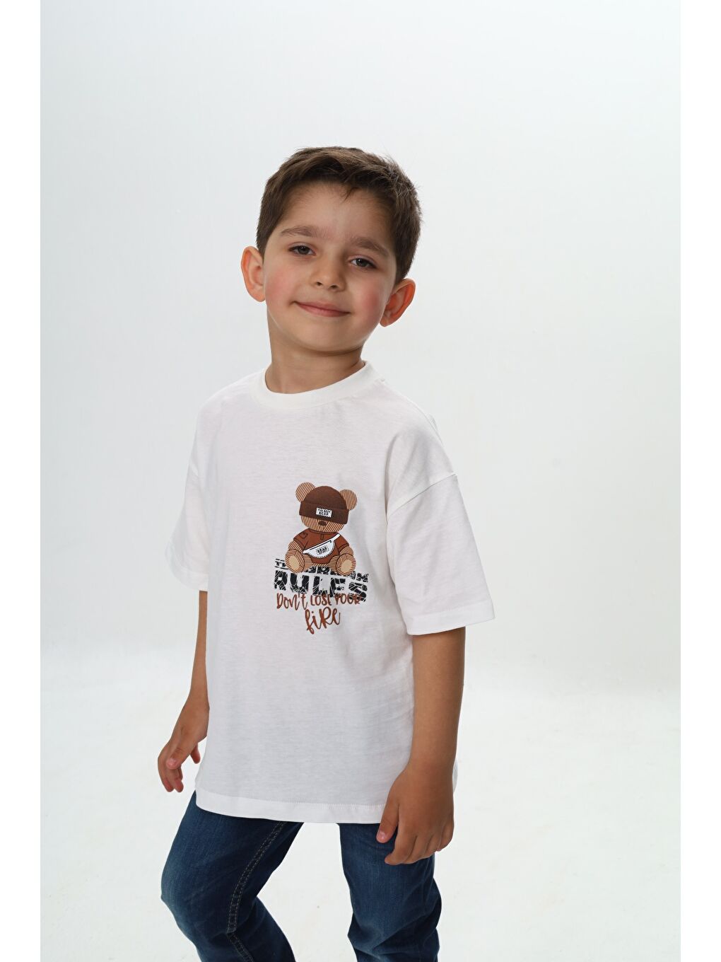 Ekru Erkek Çocuk Rules Şapkalı Ayı Baskılı Tişört-1