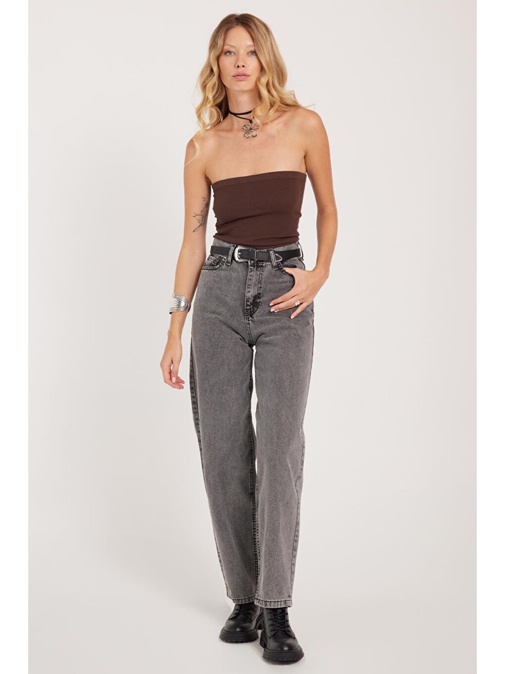 Kadın Regular Fit Klasik Kesim Baggy Pamuklu Geniş Paça Antrasit Jean Pantolon-3