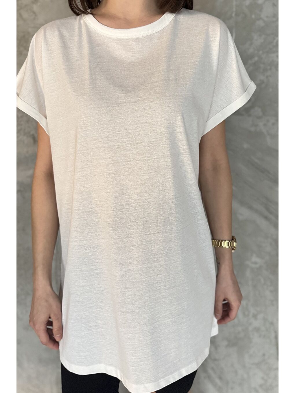 Beyaz Kol Katlamalı Bisiklet Yaka Kadın Uzun Tişört (m-l-xl Uyumludur)-3