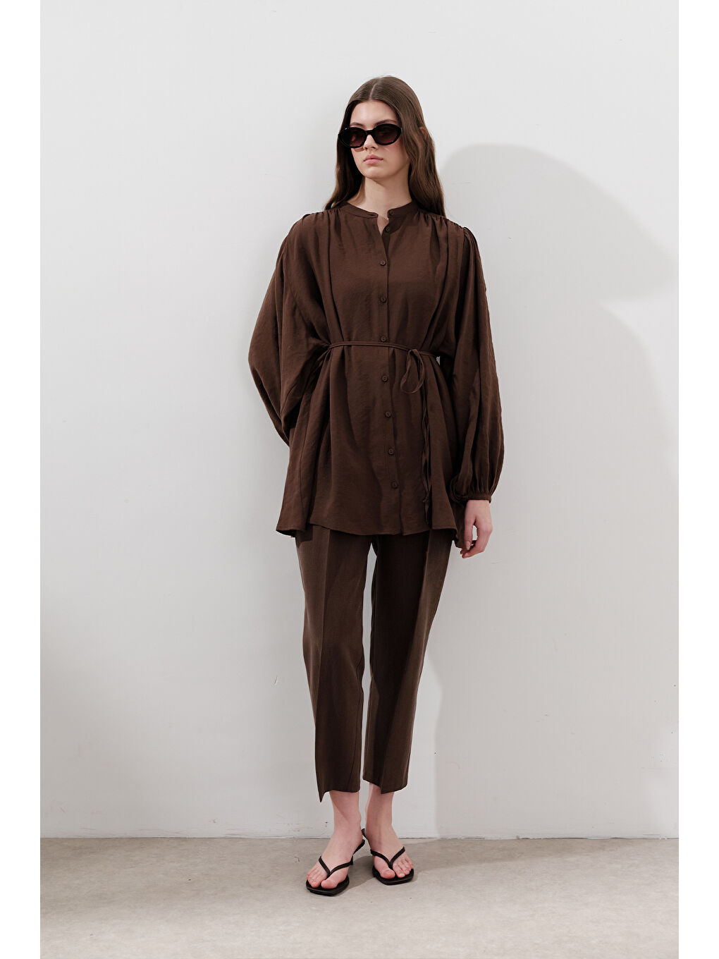 Lyocell Büzgülü Tunik Kahverengi-2