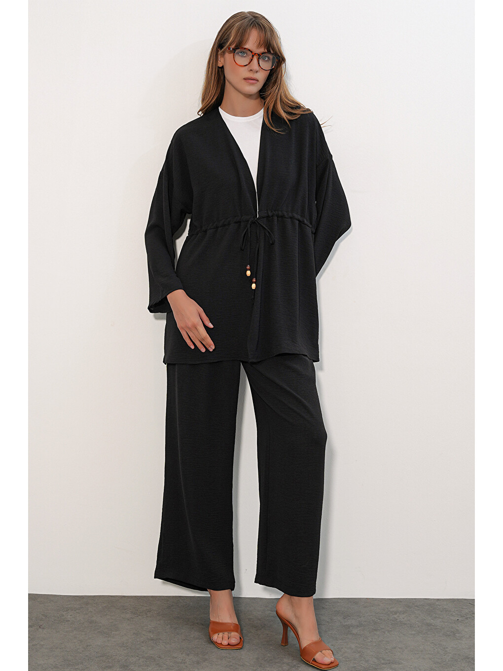 Kadın Ayrobin Kimono Pantolon İkili Takım 30101 - Siyah