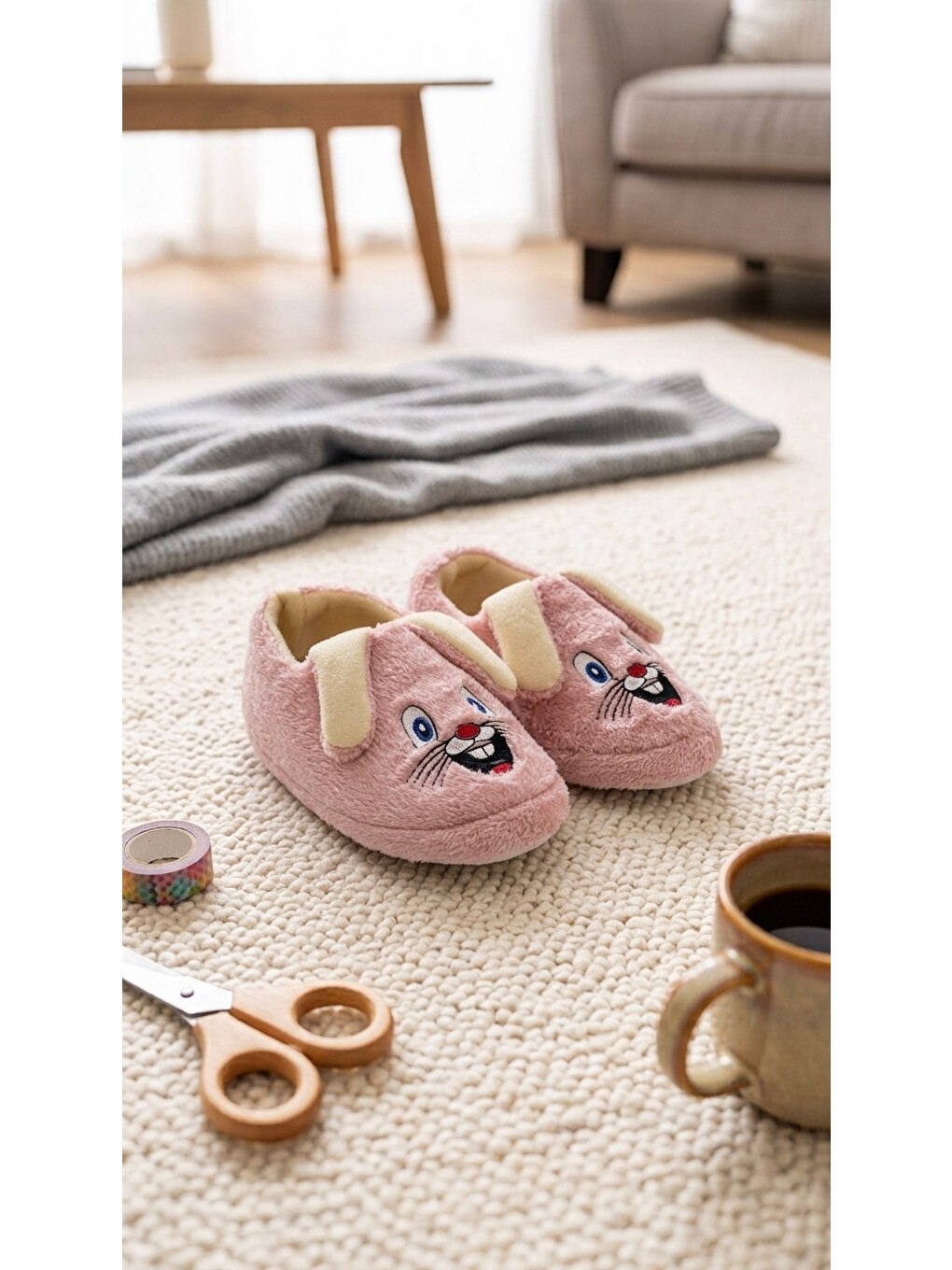Pembe Tavşanlı Çocuk Panduf Pelüş Okul Kreş Ev Ayakkabısı
