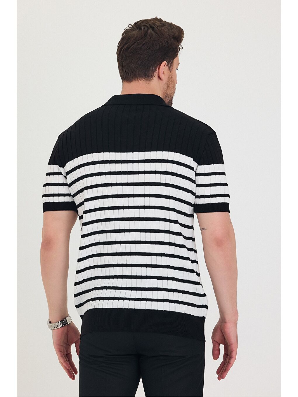 Siyah Erkek Polo Yaka Çizgi Detaylı Triko T-shirt-4