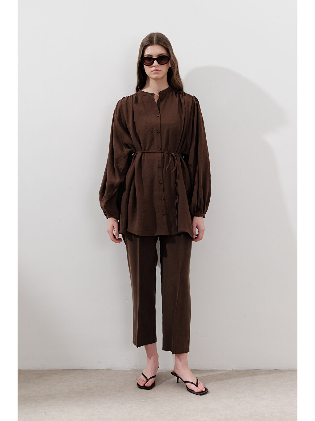 Lyocell Büzgülü Tunik Kahverengi-3