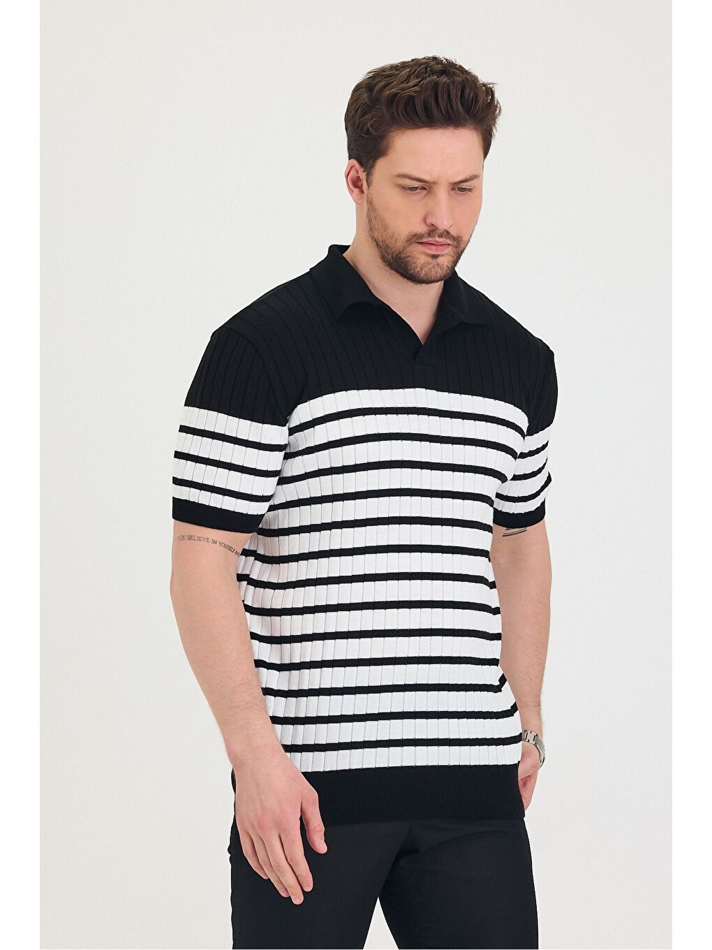 Siyah Erkek Polo Yaka Çizgi Detaylı Triko T-shirt-5