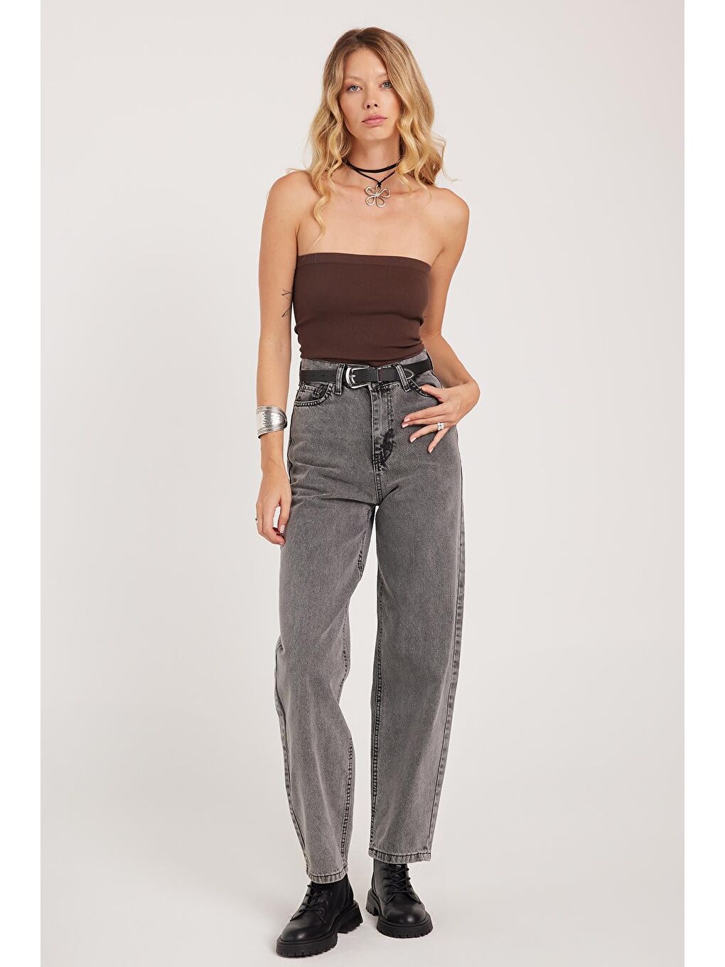 Kadın Regular Fit Klasik Kesim Baggy Pamuklu Geniş Paça Antrasit Jean Pantolon-4