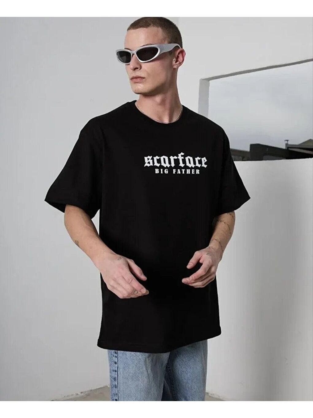 Unisex Bisiklet Yaka Baskılı Oversize T-Shirt - Siyah