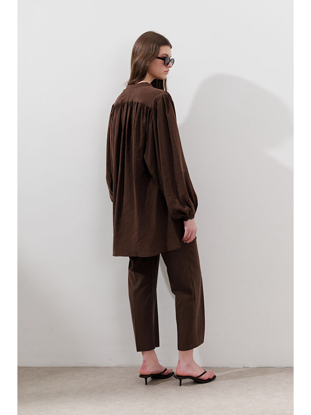 Lyocell Büzgülü Tunik Kahverengi-4