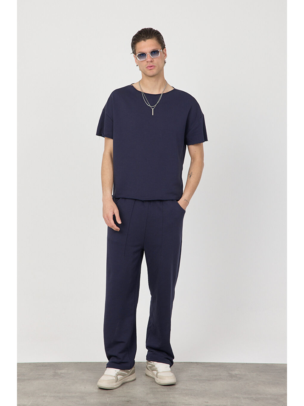 Erkek Blank Lacivert Ayarlanabilir Paça Eşofman Altı-1