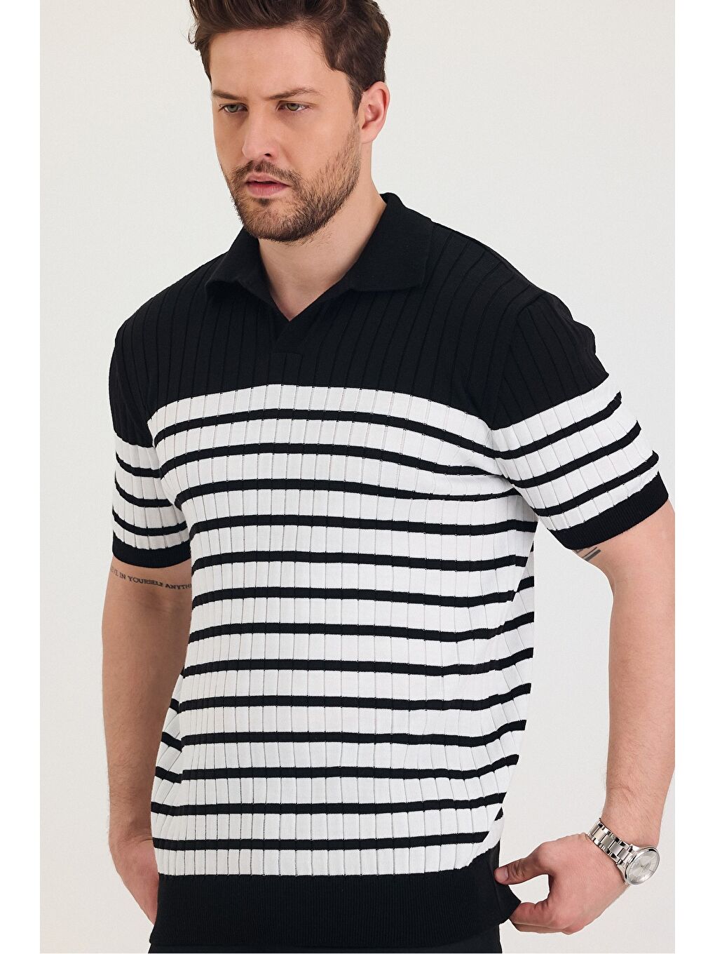 Siyah Erkek Polo Yaka Çizgi Detaylı Triko T-shirt-6