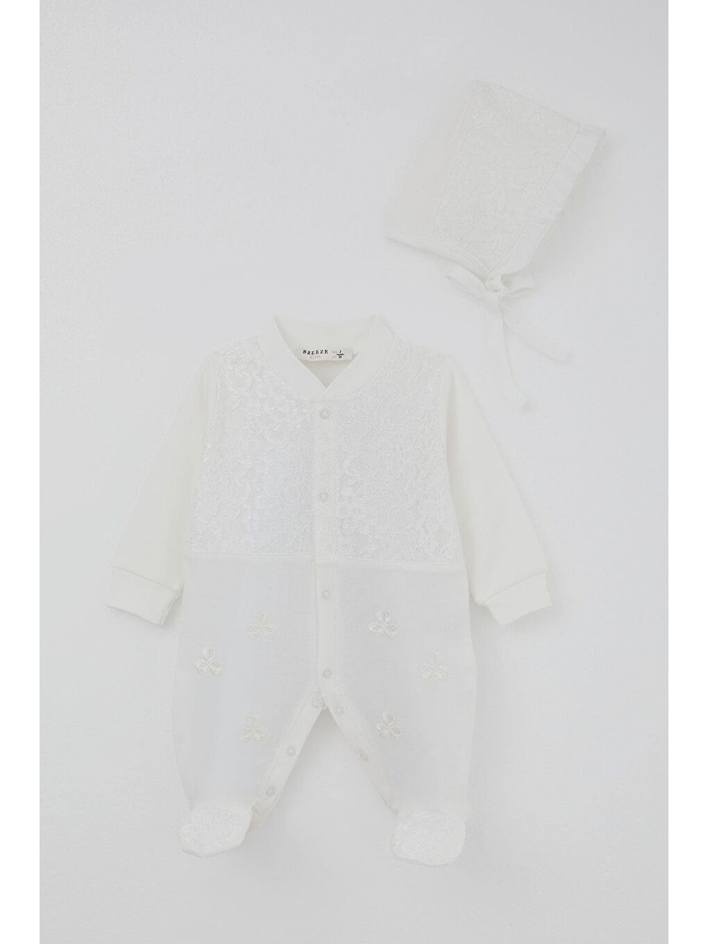 Kız Bebek Patikli Tulum Dantel Detaylı Çiçek Nakışlı Ekru (0-6 Ay)