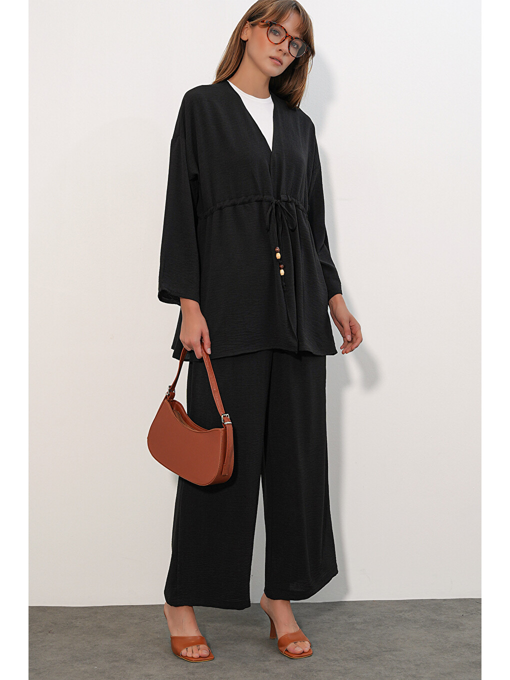 Kadın Ayrobin Kimono Pantolon İkili Takım 30101 - Siyah-2