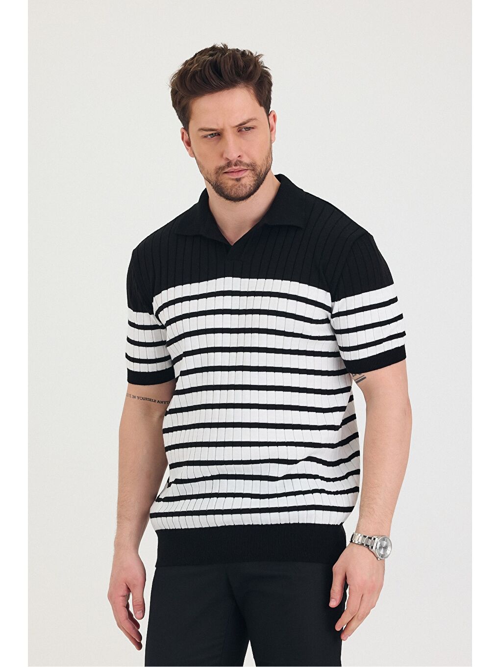 Siyah Erkek Polo Yaka Çizgi Detaylı Triko T-shirt-7