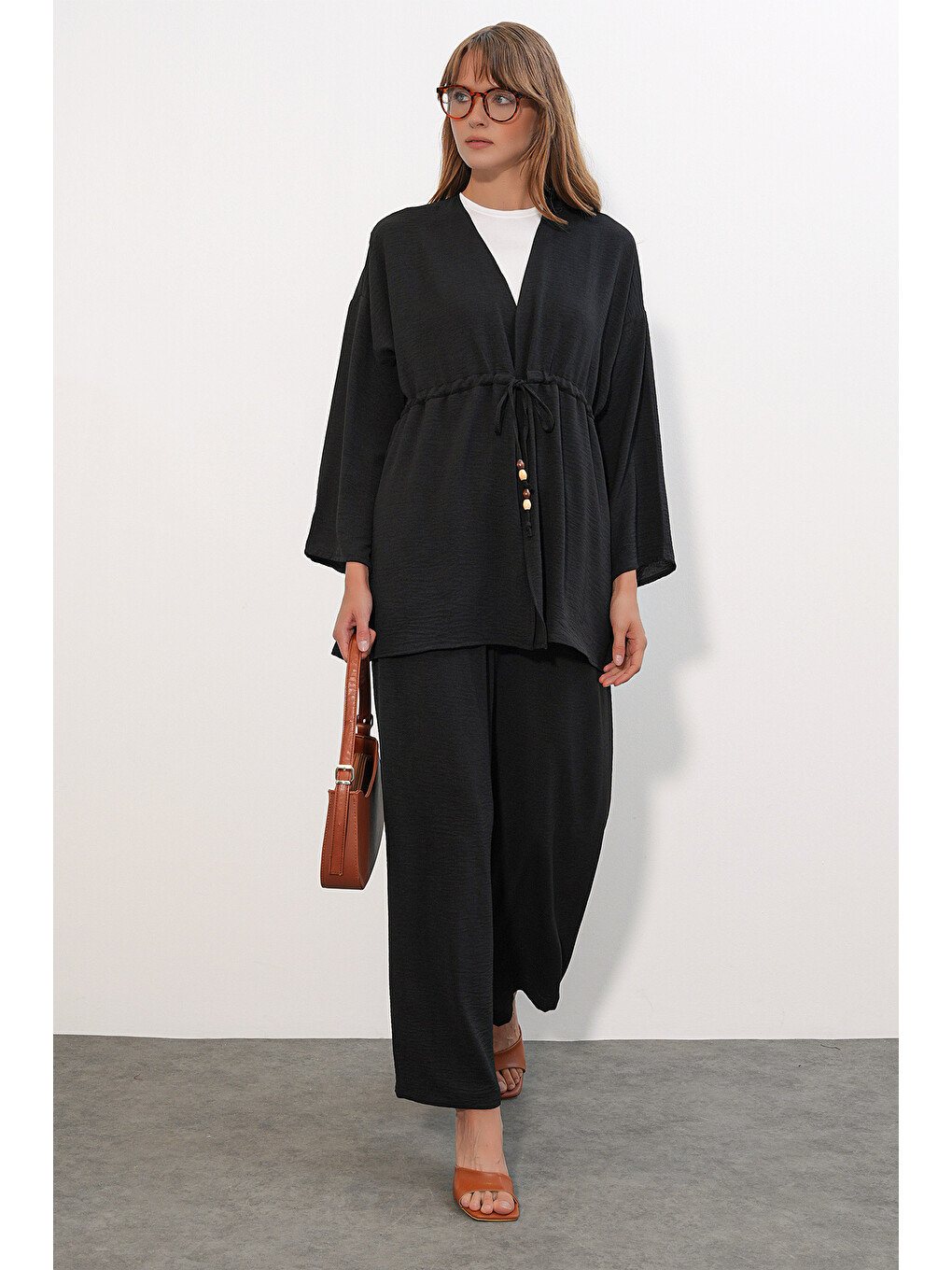 Kadın Ayrobin Kimono Pantolon İkili Takım 30101 - Siyah-3