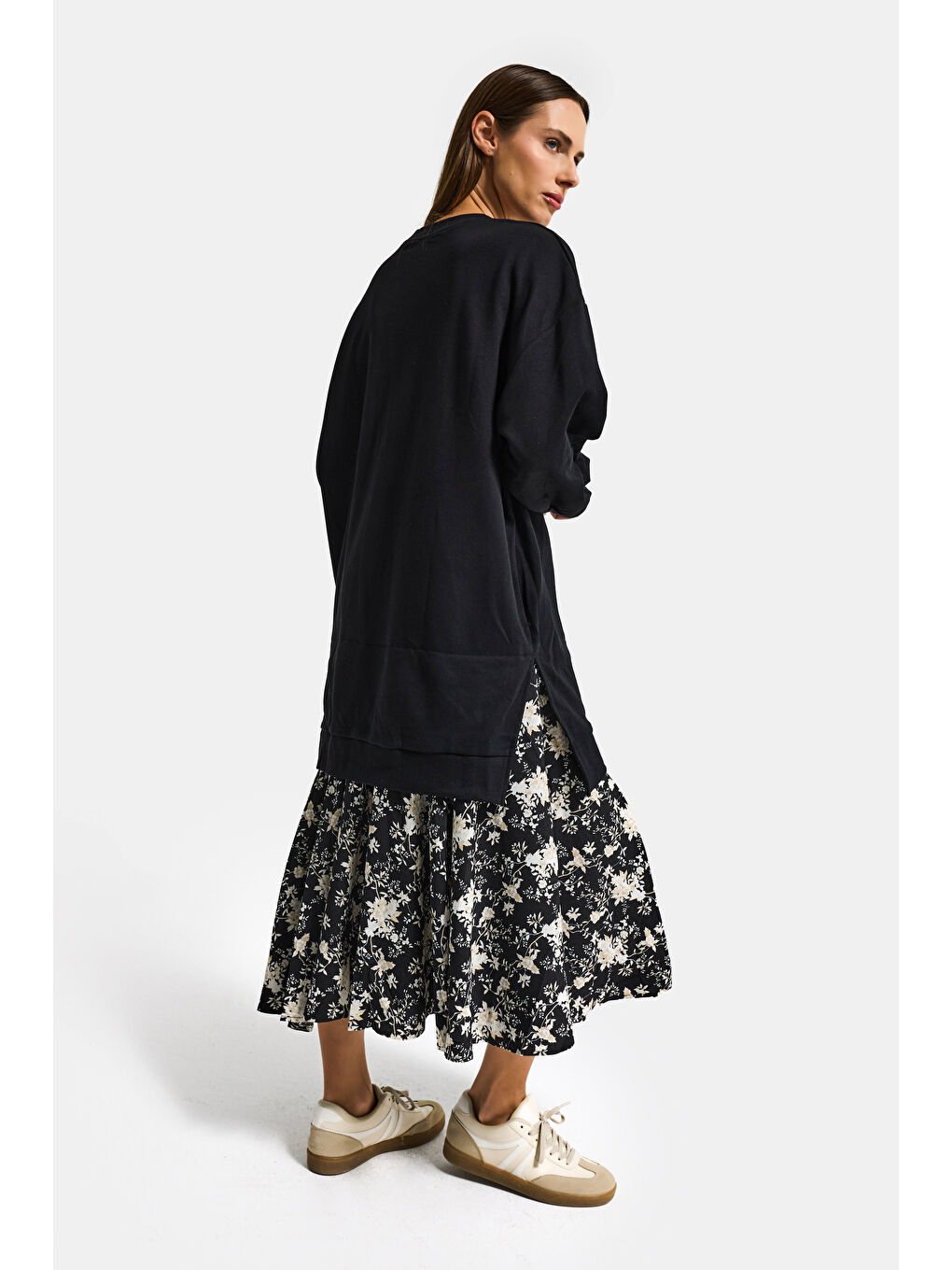 Kadın Siyah w5 Sweatshirt Etek Tek Parça Tasarım Elbise-1