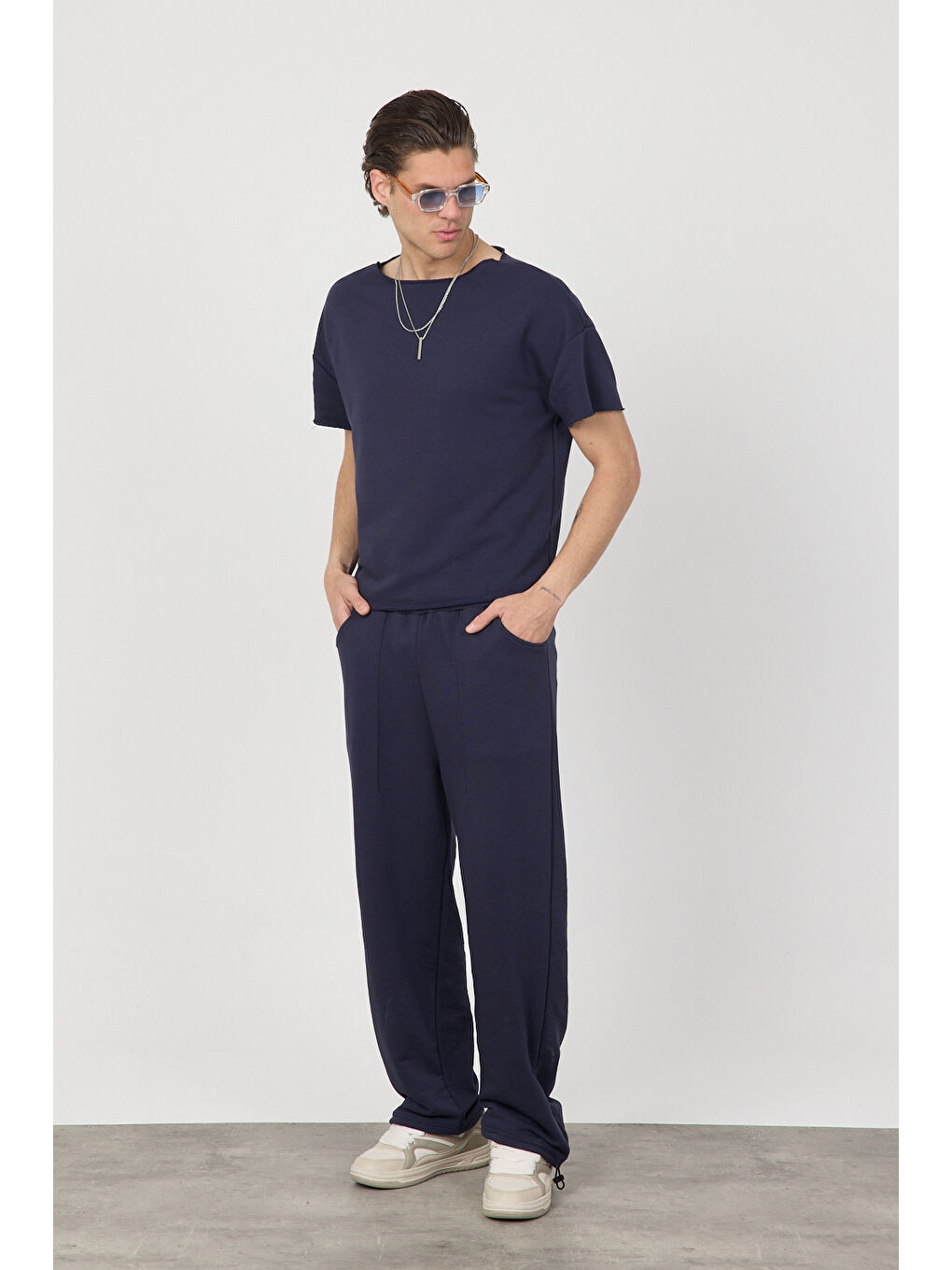 Erkek Blank Lacivert Ayarlanabilir Paça Eşofman Altı-2