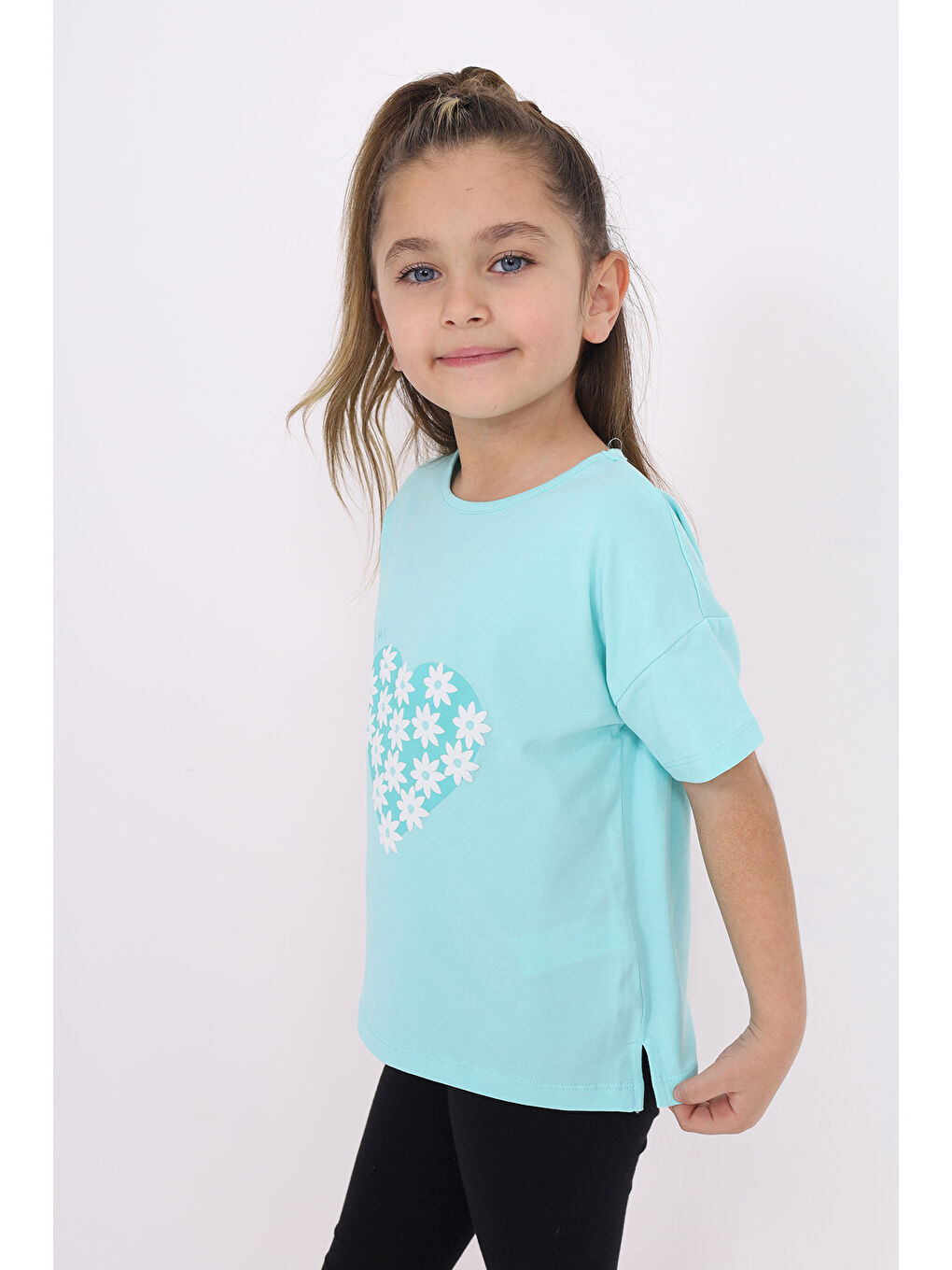 Turkuaz Kız Çocuk Baskılı Tişört-1