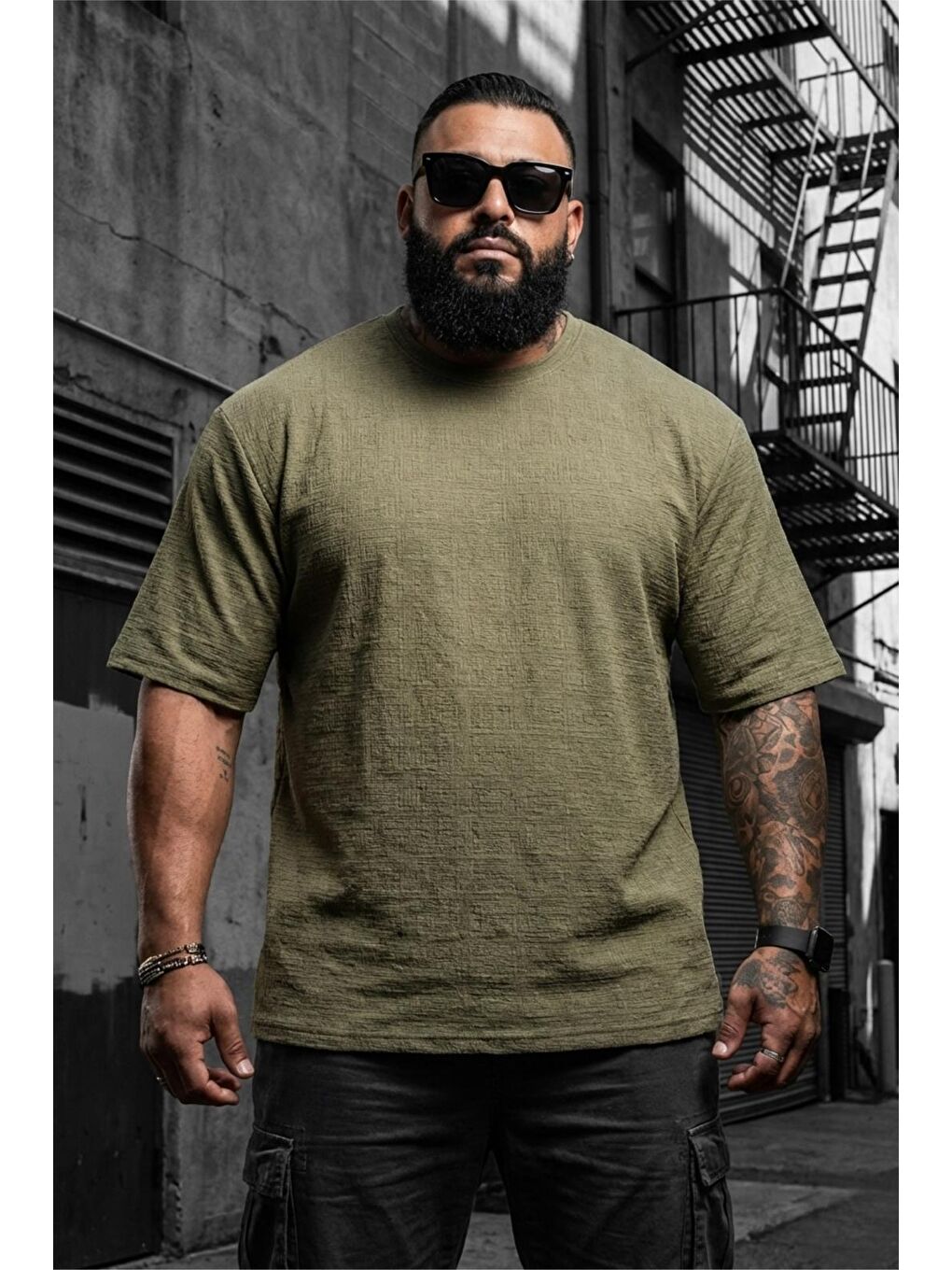 Haki Kabuk Desen Elastanlı Erkek Büyük Beden Gofre (Kabartma) Dokulu T-Shirt