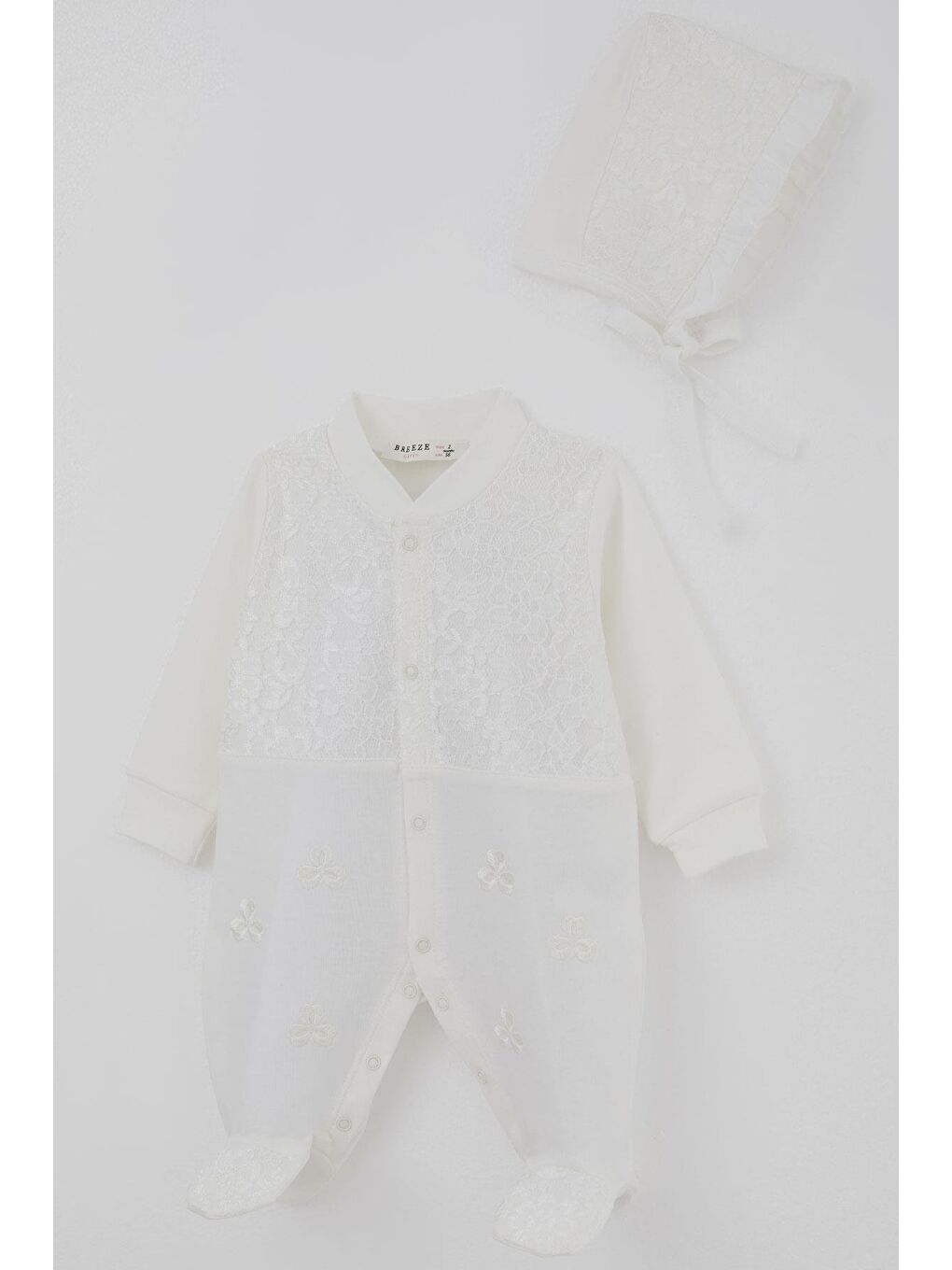Kız Bebek Patikli Tulum Dantel Detaylı Çiçek Nakışlı Ekru (0-6 Ay)-2