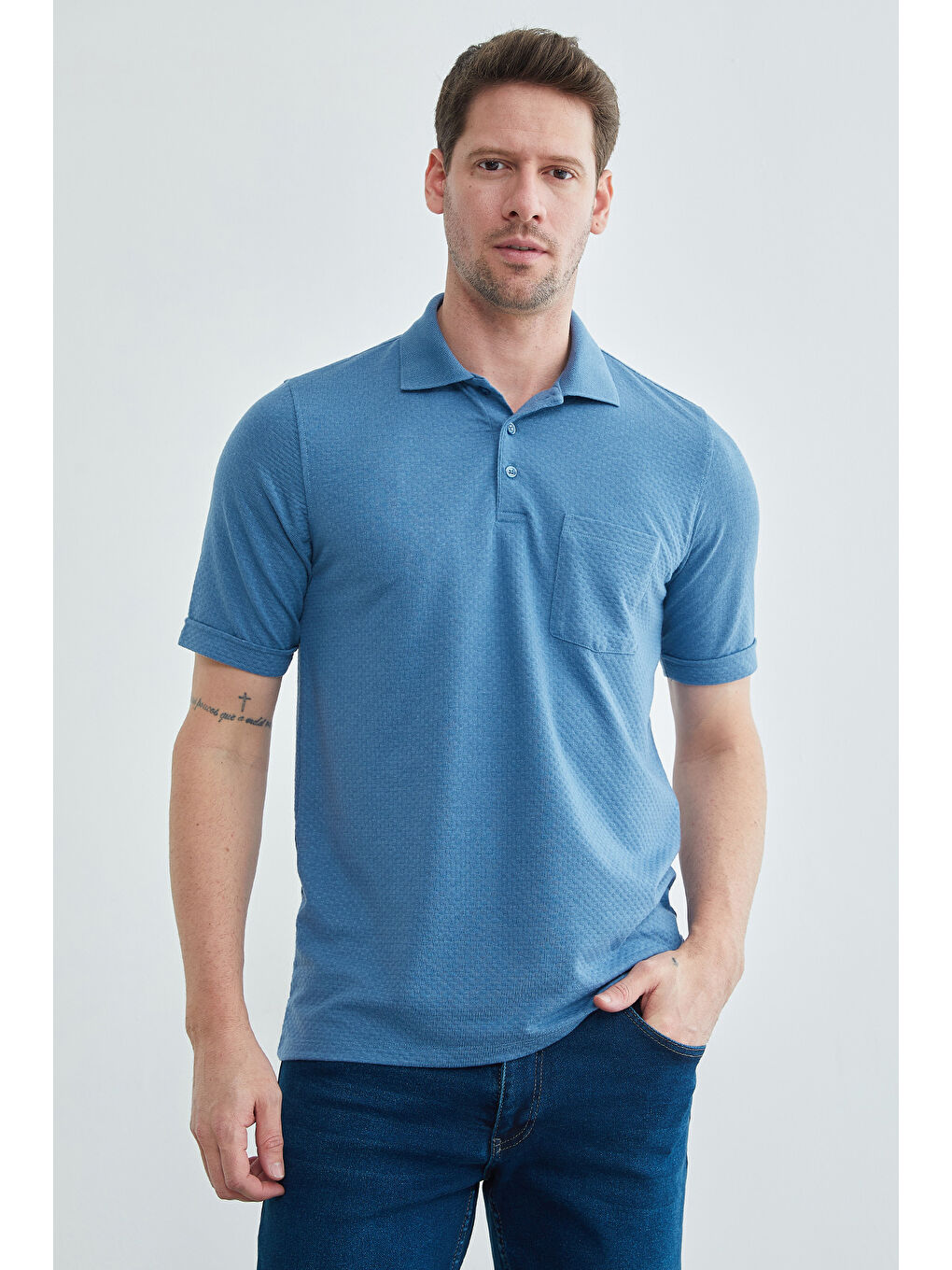 Mavi Desenli Tek Cepli Polo Yaka Tişört-2