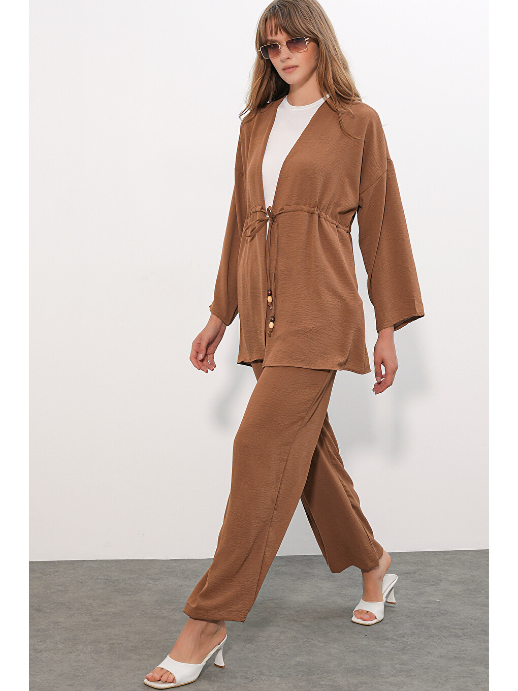 Kahverengi Kadın Ayrobin Kimono Pantolon İkili Takım 30101 - Taba