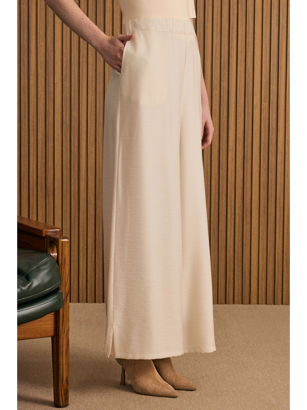 Bej Taş Beli Lastikli Viscon Pantolon Etek-2