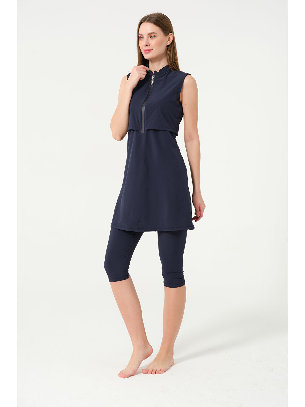 Lacivert Kadın Fermuarlı Kapalı Dik Yaka Sıfır Kol Kaprili Hızlı Kuruyan Mayo-10