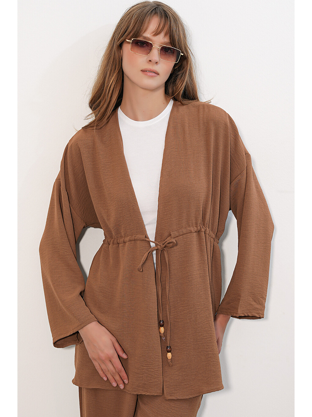 Kahverengi Kadın Ayrobin Kimono Pantolon İkili Takım 30101 - Taba-1