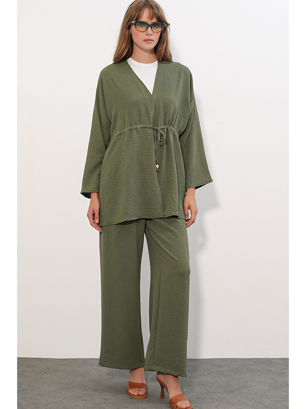 Kadın Ayrobin Kimono Pantolon İkili Takım 30101 - Haki-3