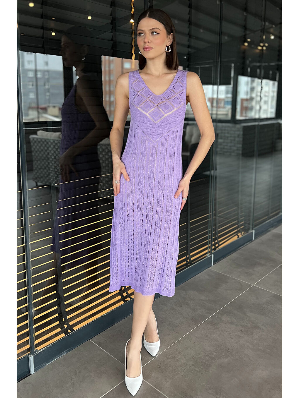 Lila Örme Detaylı V Yaka Kadın Triko Elbise( İçlikle Giyilmesi Önerilir)