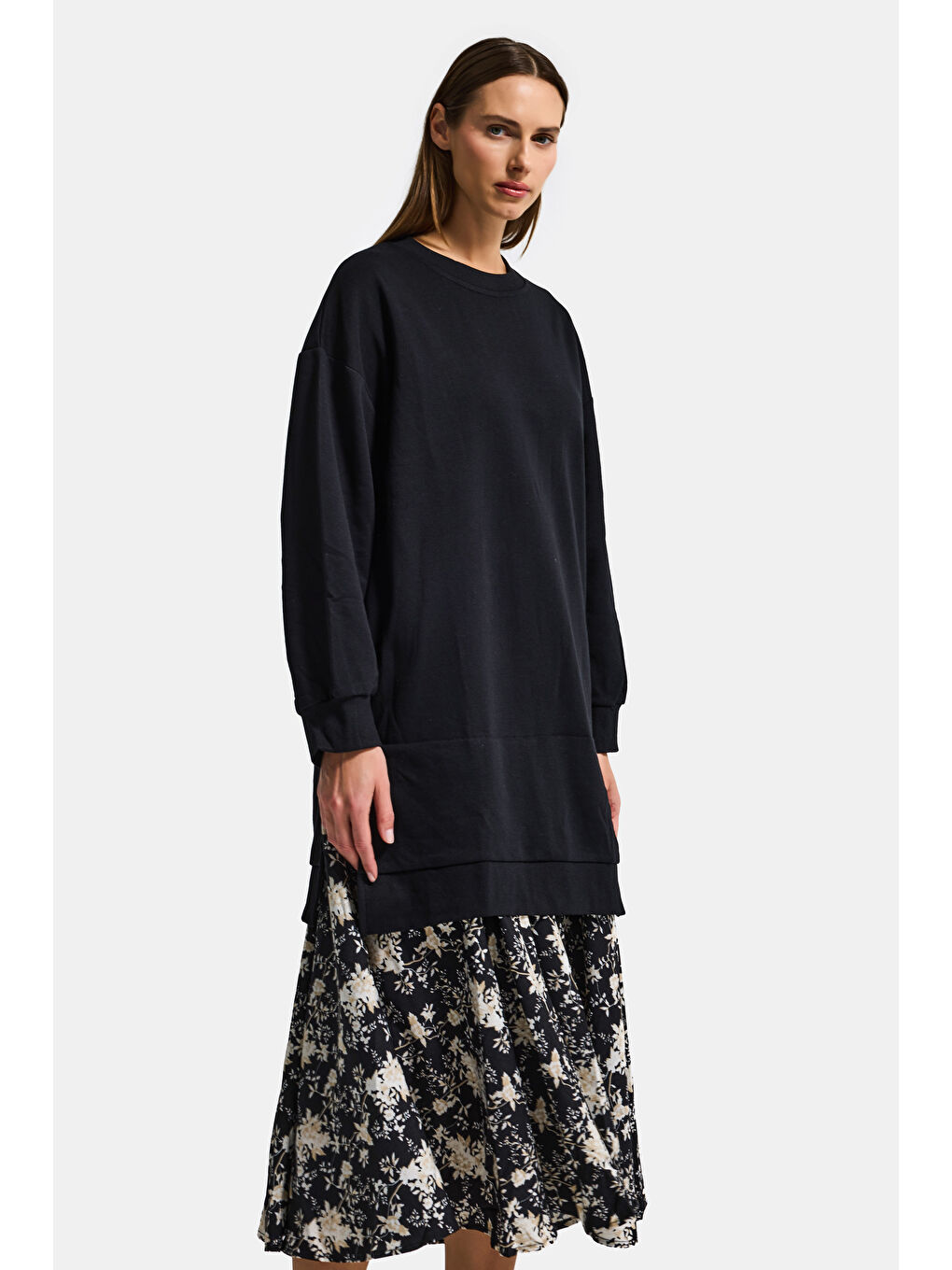 Kadın Siyah w5 Sweatshirt Etek Tek Parça Tasarım Elbise-2