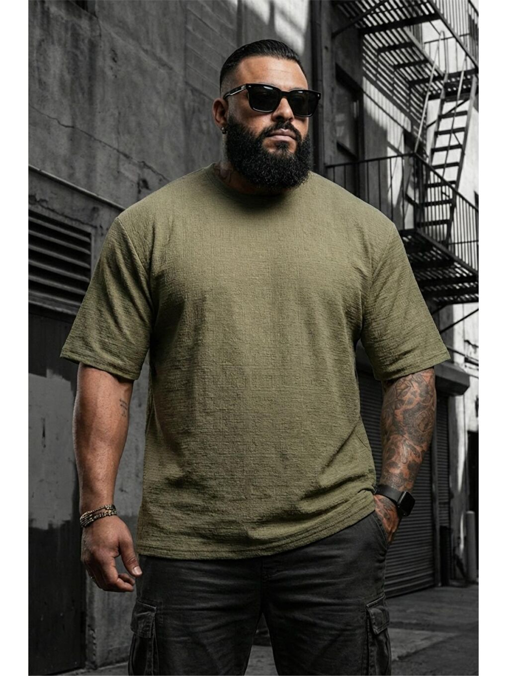 Haki Kabuk Desen Elastanlı Erkek Büyük Beden Gofre (Kabartma) Dokulu T-Shirt-1