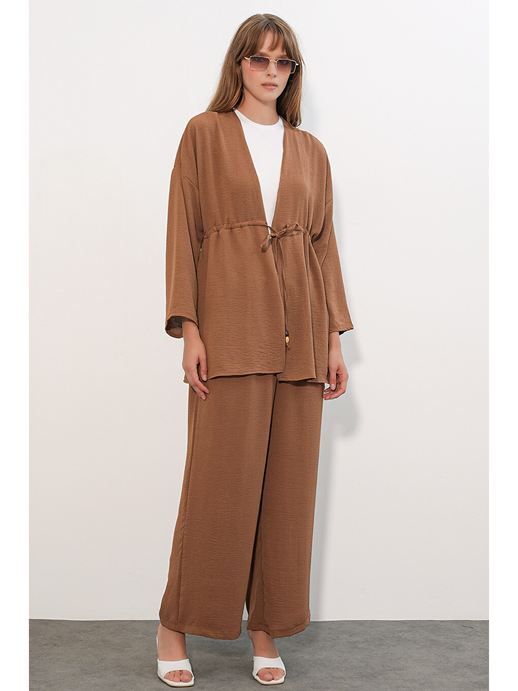 Kahverengi Kadın Ayrobin Kimono Pantolon İkili Takım 30101 - Taba-2