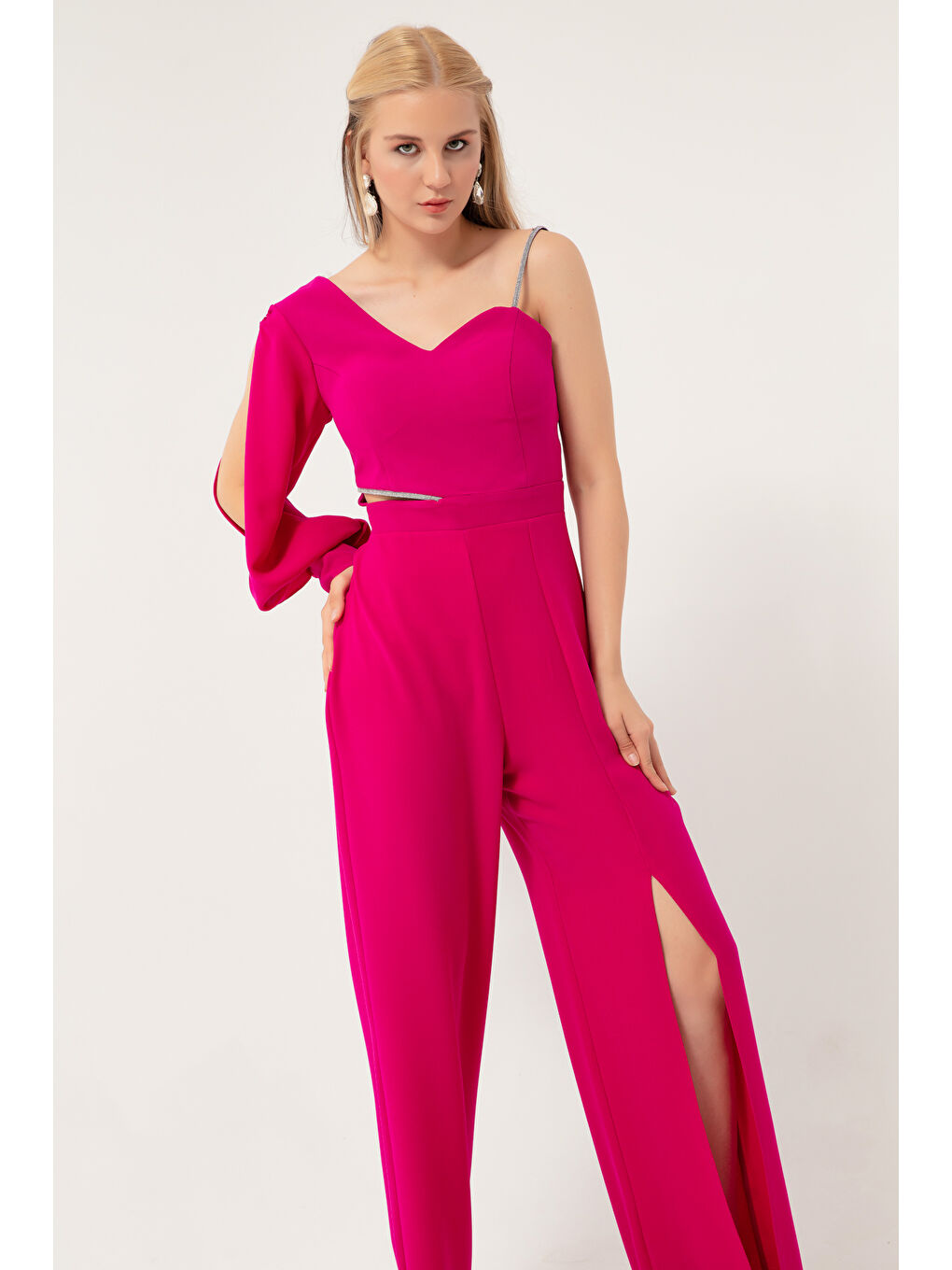 Kadın Mürdüm Tek Kol Dekolteli Abiye Tulum