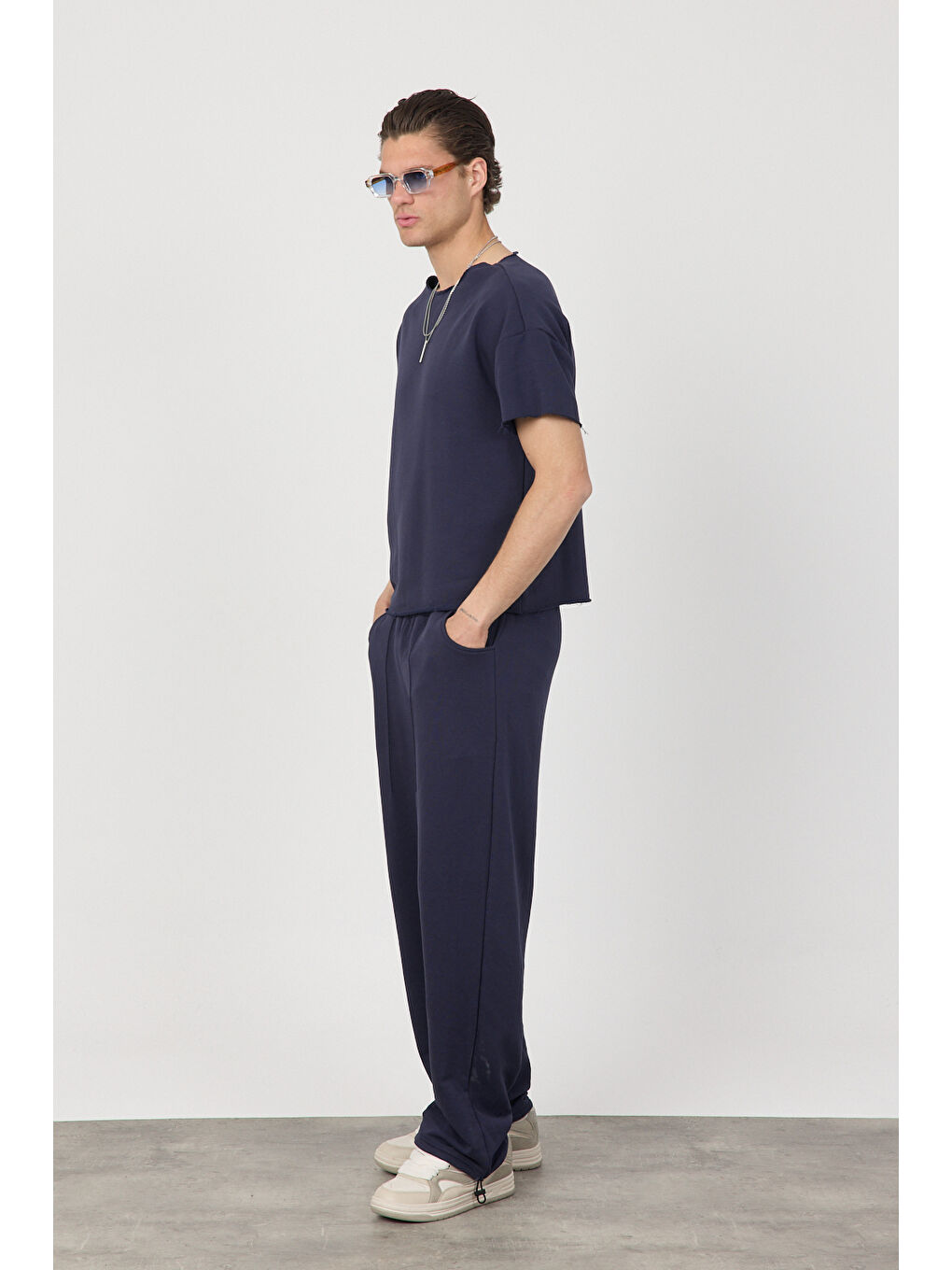 Erkek Blank Lacivert Ayarlanabilir Paça Eşofman Altı-3