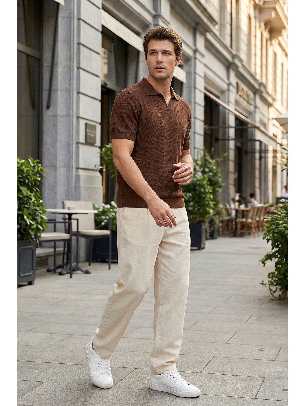 Kahverengi Chapa Regular Fit Polo Yaka Erkek Kısa Kol Dokulu Triko Tişört-1