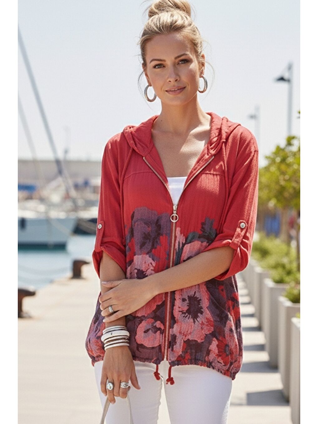 İtalyan Fuşya Düğmeli Uzun Kollu Cepli Kapüşonlu Fermuarlı Baskılı Regular Boy Dokuma Ceket 68 65-1