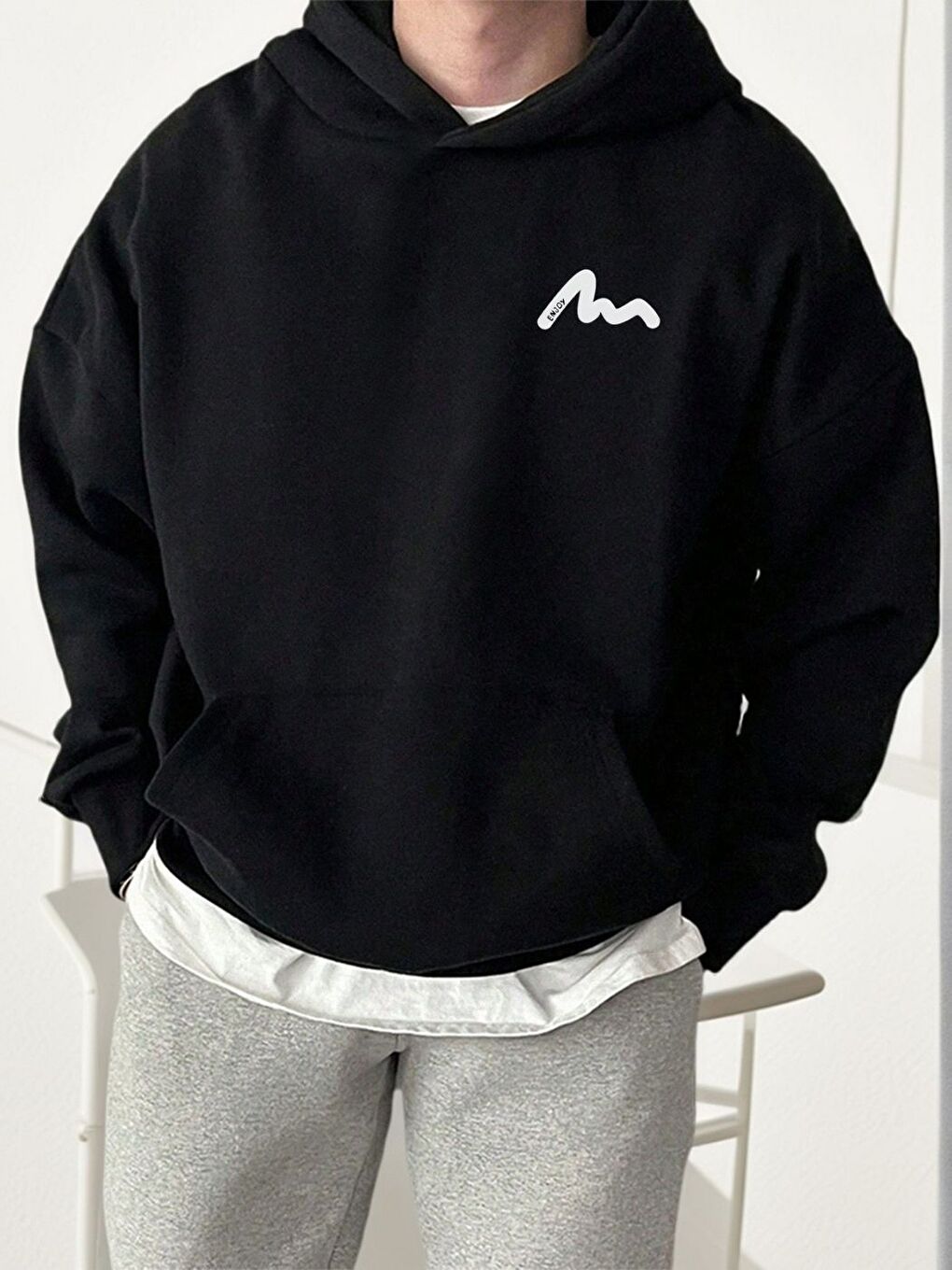 Siyah Enjoy Baskılı Kapüşonlu Oversize Sweatshirt