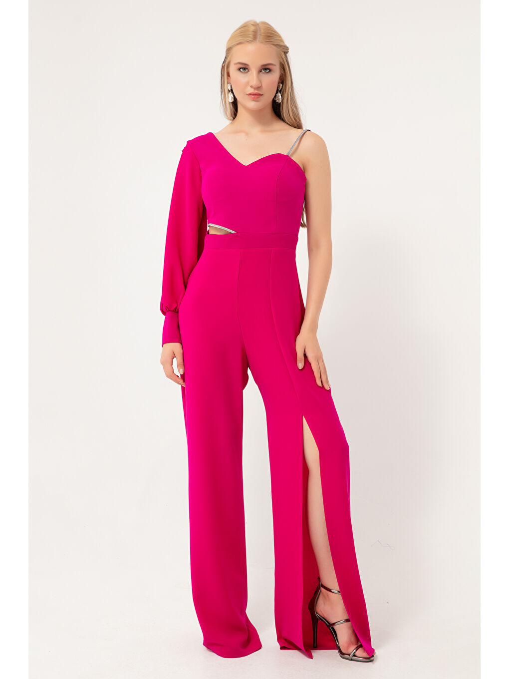 Kadın Mürdüm Tek Kol Dekolteli Abiye Tulum-1